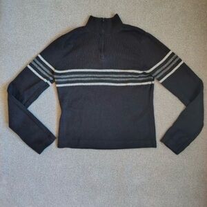 Y2K Ribbed knit striped quarter zip pullover womens L black gray fitted ribbed